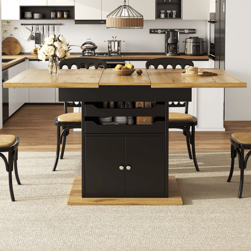 Mesa extensível 110-140x80 cm - Mesa de cozinha dobrável, com 2 gavetas e 1 armário - Preto