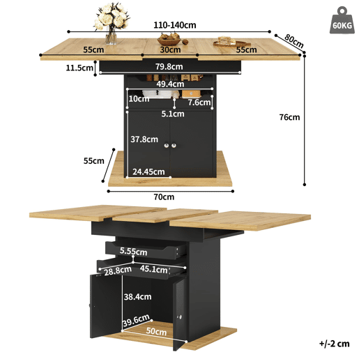 Mesa extensível 110-140x80 cm - Mesa de cozinha dobrável, com 2 gavetas e 1 armário - Preto