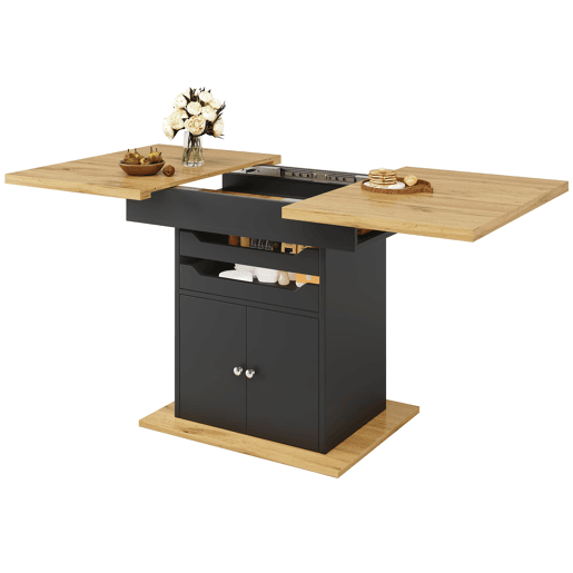Mesa extensível 110-140x80 cm - Mesa de cozinha dobrável, com 2 gavetas e 1 armário - Preto
