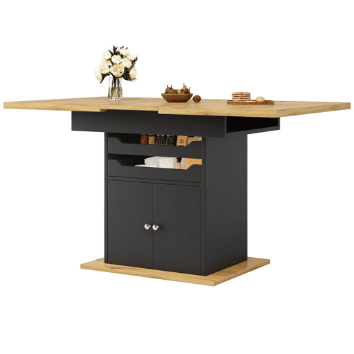 Mesa extensível 110-140x80 cm - Mesa de cozinha dobrável, com 2 gavetas e 1 armário - Preto