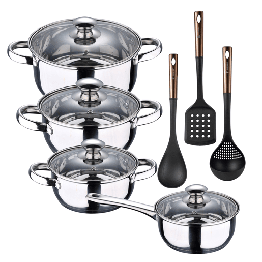 Conjunto de panelas SAN IGNACIO de 7 peças em aço inoxidável, adequado para todos os tipos de fogão + Conjunto de 3 utensílios de cozinha em PBT preto e cobre Conjunto de panelas SAN IGNACIO de 7 peças em aço inoxidável, adequado para todos os tipos de fogão + Conjunto de 3 utensílios de cozinha em PBT preto e cobre