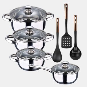 Conjunto de panelas SAN IGNACIO de 7 peças em aço inoxidável, adequado para todos os tipos de fogão + Conjunto de 3 utensílios de cozinha em PBT preto e cobre