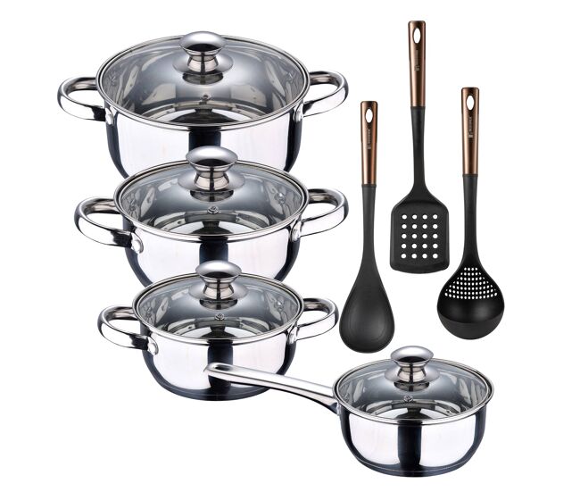 Batería de cocina 7 piezas san ignacio fabricada en acero inoxidable apta para todo tipo de fuegos+set de 3 utensilios de cocina en pbt negro y cobre