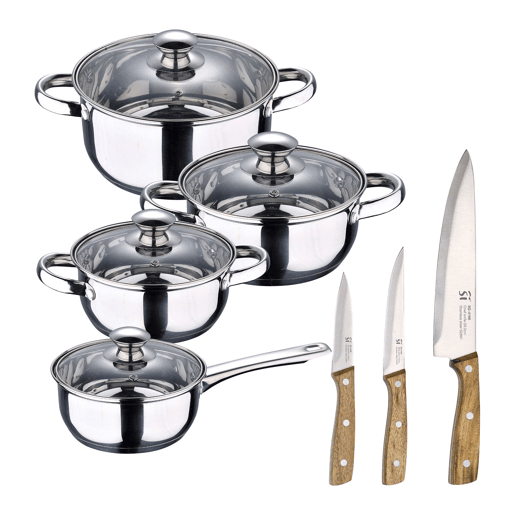 Conjunto de panelas SAN IGNACIO de 7 peças em aço inoxidável, adequado para todos os tipos de fogão + Conjunto de 3 facas em aço inoxidável
