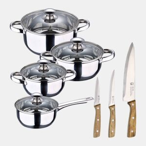 Conjunto de panelas SAN IGNACIO de 7 peças em aço inoxidável, adequado para todos os tipos de fogão + Conjunto de 3 facas em aço inoxidável