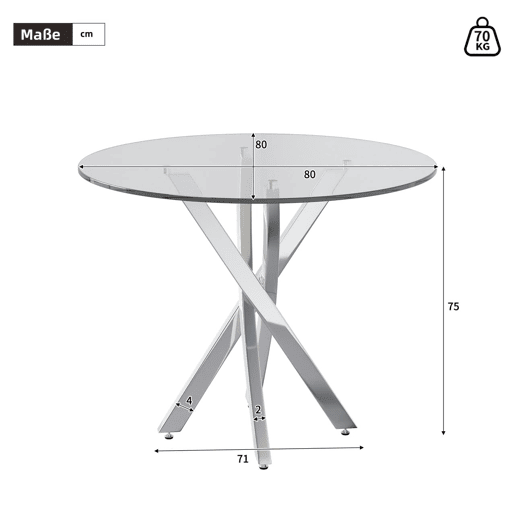 Mesa redonda 80x80x75 - Mesa de jantar com vidro temperado e pernas galvanizadas - Prata Mesa redonda 80x80x75 - Mesa de jantar com vidro temperado e pernas galvanizadas - Prata