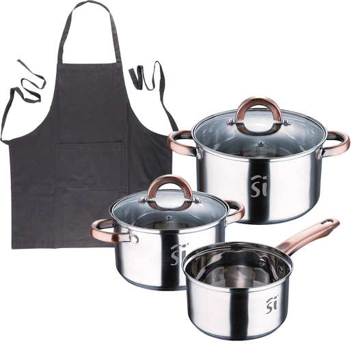 Conjunto de panelas de aço inoxidável de 5 peças (Ø16, Ø18, Ø20), adequadas para fogões de indução + Avental de cozinha cinza escuro 100% algodão (75x80cm, tamanho único) SMART MasterPRO