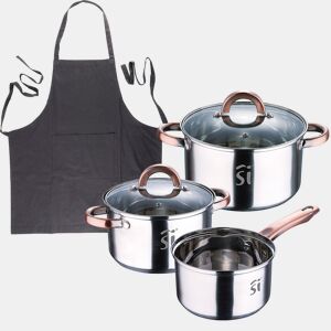 Conjunto de panelas de aço inoxidável de 5 peças (Ø16, Ø18, Ø20), adequadas para fogões de indução + Avental de cozinha cinza escuro 100% algodão (75x80cm, tamanho único) SMART MasterPRO