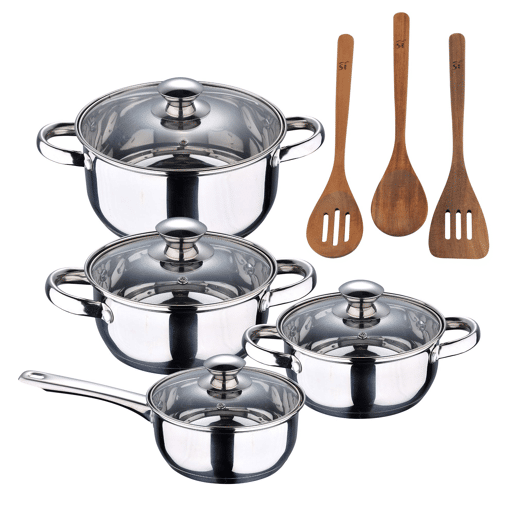 Conjunto de panelas SAN IGNACIO de 7 peças em aço inoxidável, adequado para todos os tipos de fogão + conjunto de utensílios de cozinha San Ignacio AGROS de 3 peças Conjunto de panelas SAN IGNACIO de 7 peças em aço inoxidável, adequado para todos os tipos de fogão + conjunto de utensílios de cozinha San Ignacio AGROS de 3 peças