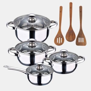 Conjunto de panelas SAN IGNACIO de 7 peças em aço inoxidável, adequado para todos os tipos de fogão + conjunto de utensílios de cozinha San Ignacio AGROS de 3 peças