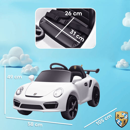 AIYAPLAY Carro Elétrico para Crianças de Polícia Carro a Bateria 12V com Controlo Remoto 2,4 G Motor Duplo Sirene Música Sem Fios Buzina Rodas Auxiliares e Faróis LED 105x58x49 cm Branco
