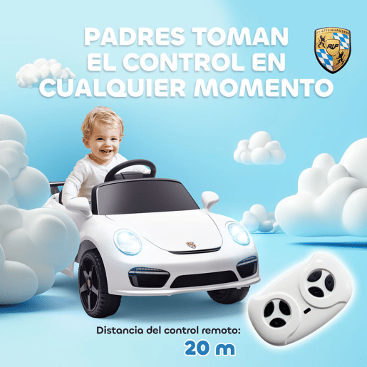 AIYAPLAY Carro Elétrico para Crianças de Polícia Carro a Bateria 12V com Controlo Remoto 2,4 G Motor Duplo Sirene Música Sem Fios Buzina Rodas Auxiliares e Faróis LED 105x58x49 cm Branco