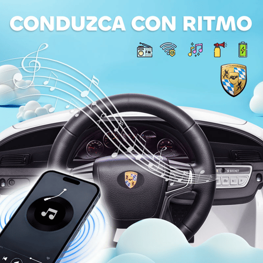 AIYAPLAY Carro Elétrico para Crianças de Polícia Carro a Bateria 12V com Controlo Remoto 2,4 G Motor Duplo Sirene Música Sem Fios Buzina Rodas Auxiliares e Faróis LED 105x58x49 cm Branco