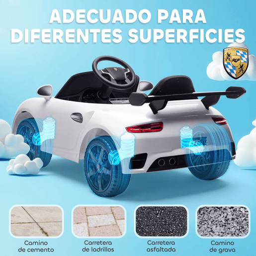 AIYAPLAY Carro Elétrico para Crianças de Polícia Carro a Bateria 12V com Controlo Remoto 2,4 G Motor Duplo Sirene Música Sem Fios Buzina Rodas Auxiliares e Faróis LED 105x58x49 cm Branco