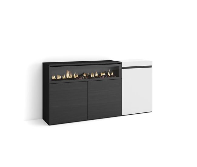 Aparador noe 3 puertas, chimenea eléctrica color blanco/negro, 150x75x35cm