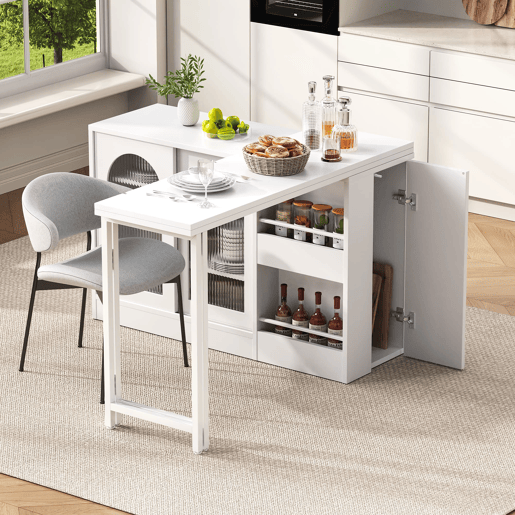 Mesa de bar moderna giratória 360° - Mesa extensível com arrumação e porta de vidro - Branco