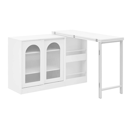 Mesa de bar moderna giratória 360° - Mesa extensível com arrumação e porta de vidro - Branco