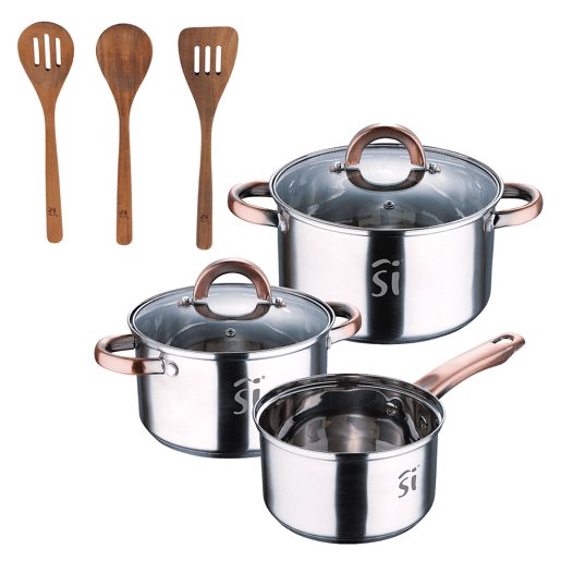 Conjunto de panelas de aço inoxidável de 5 peças (Ø16, Ø18, Ø20), adequadas para fogões de indução + conjunto de utensílios de cozinha de madeira de acácia San Ignacio AGROS de 3 peças