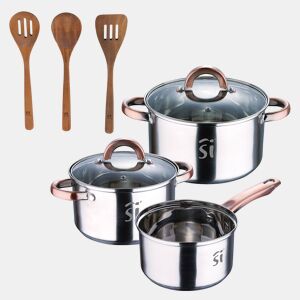 Conjunto de panelas de aço inoxidável de 5 peças (Ø16, Ø18, Ø20), adequadas para fogões de indução + conjunto de utensílios de cozinha de madeira de acácia San Ignacio AGROS de 3 peças