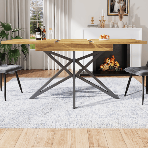Mesa extensível 120 (160) x 80 cm - Mesa de cozinha, mesa de pequeno-almoço, pernas em forma de estrela, pernas em ferro preto, tampo em nogueiraimitação mármore
