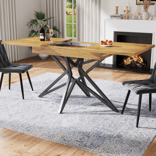 Mesa extensível 120 (160) x 80 cm - Mesa de cozinha, mesa de pequeno-almoço, pernas em forma de estrela, pernas em ferro preto, tampo em nogueiraimitação mármore