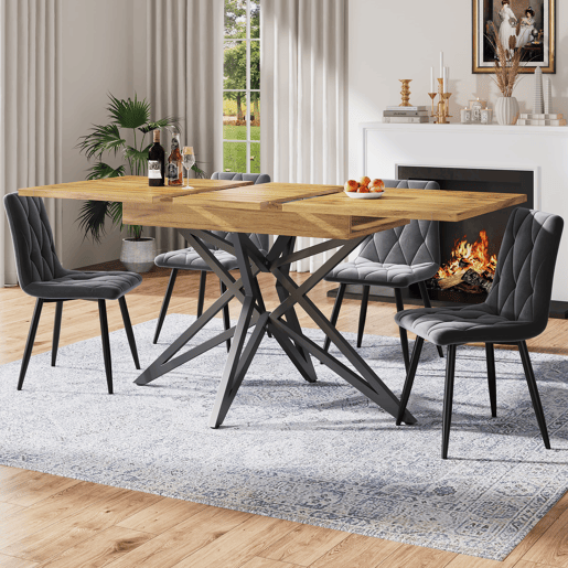 Mesa extensível 120 (160) x 80 cm - Mesa de cozinha, mesa de pequeno-almoço, pernas em forma de estrela, pernas em ferro preto, tampo em nogueiraimitação mármore