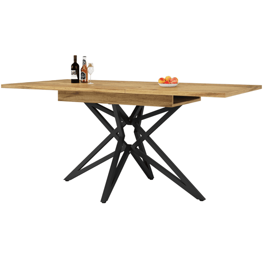Mesa extensível 120 (160) x 80 cm - Mesa de cozinha, mesa de pequeno-almoço, pernas em forma de estrela, pernas em ferro preto, tampo em nogueiraimitação mármore