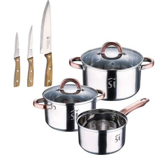 Conjunto de panelas de aço inoxidável de 5 peças (Ø16Ø18Ø20), adequado para fogões de indução + conjunto de facas de cozinha de aço inoxidável de 3 peças da NOIA San Ignacio