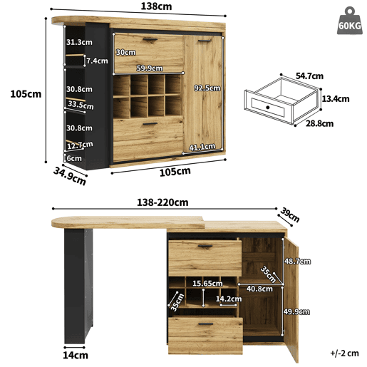 Mesa extensível 138x39x105 cm - estende até 220 cm, mesa de cozinha e sala de jantar, com veios de madeira - Cor madeira