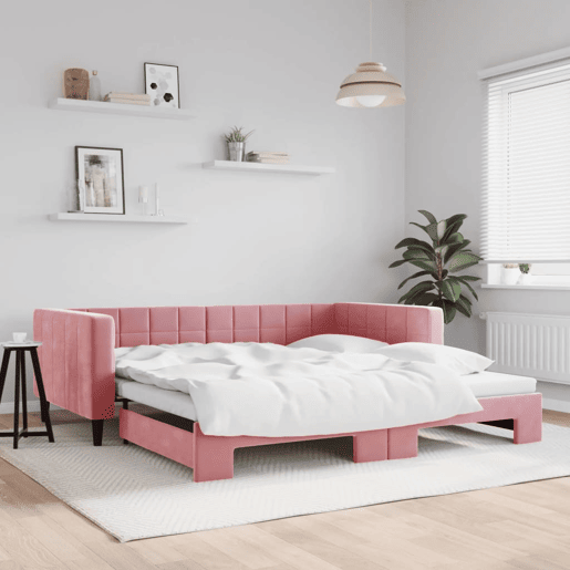 Sofá-cama, Sofá conversível com gavetão 100x200 cm veludo rosa Sofá-cama, Sofá conversível com gavetão 100x200 cm veludo rosa
