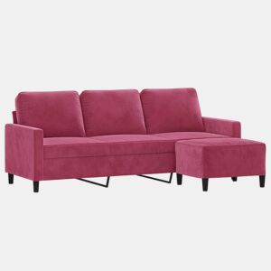Sofá de 3 lugares - Sofá fixo com apoio de pés 180 cm veludo vermelho tinto