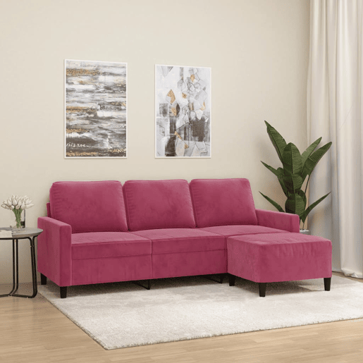 Sofá de 3 lugares - Sofá fixo com apoio de pés 180 cm veludo vermelho tinto