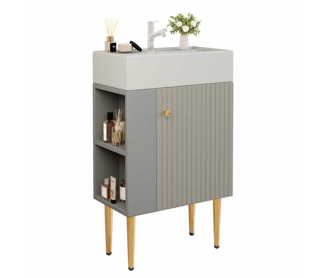 Mueble de baño 55 cm - armario bajo lavabo pequeño - gris y blanco