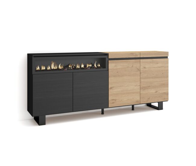 Aparador girardota, 4 puertas, chimenea eléctrica, color roble/negro