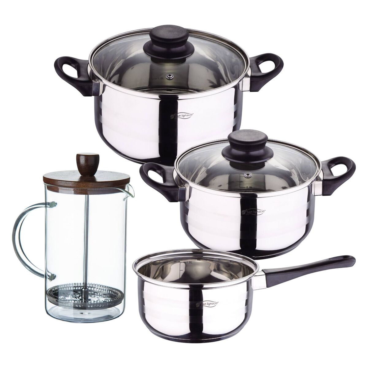 Set de baterías de cocina toledo 5pc aptas para inducción+ cafetera de émbolo de vidrio borosilicato 15,8x10x18,8cm noia san ignacio