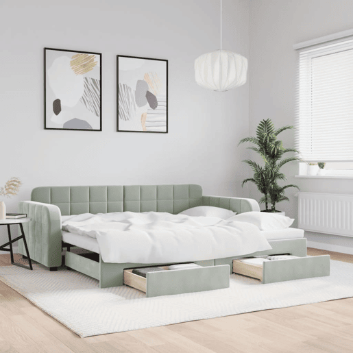 Sofá-cama, Sofá conversível c gavetão e gavetas 90x190 cm veludo cinzento-claro Sofá-cama, Sofá conversível c gavetão e gavetas 90x190 cm veludo cinzento-claro