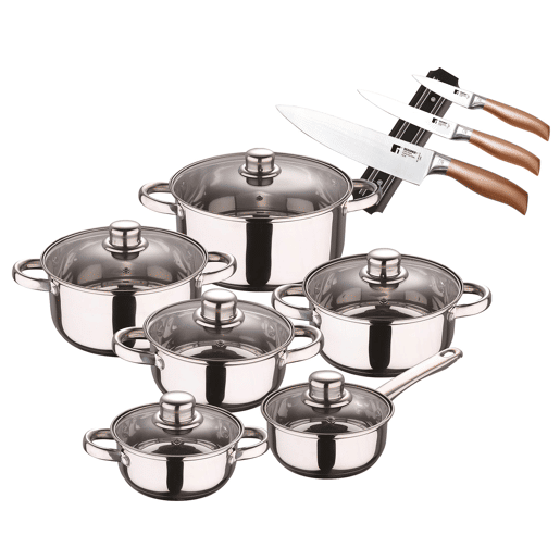 Conjunto de panelas San Ignacio de 12 peças em aço inoxidável + conjunto de facas de 3 peças em aço inoxidável com suporte magnético Conjunto de panelas San Ignacio de 12 peças em aço inoxidável + conjunto de facas de 3 peças em aço inoxidável com suporte magnético