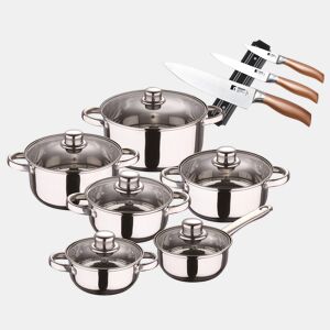 Conjunto de panelas San Ignacio de 12 peças em aço inoxidável + conjunto de facas de 3 peças em aço inoxidável com suporte magnético