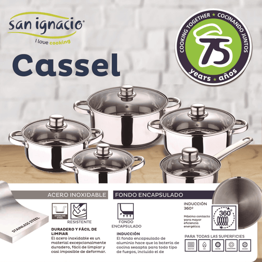 Conjunto de panelas San Ignacio de 12 peças em aço inoxidável + conjunto de facas de 3 peças em aço inoxidável com suporte magnético Conjunto de panelas San Ignacio de 12 peças em aço inoxidável + conjunto de facas de 3 peças em aço inoxidável com suporte magnético