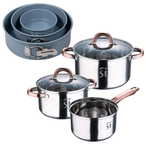 Conjunto de panelas de aço inoxidável de 5 peças (Ø16Ø18Ø20 cm), adequado para indução + Conjunto de 3 assadeiras redondas (Ø12Ø18Ø22 cm) NOIA San Ignacio