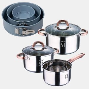 Conjunto de panelas de aço inoxidável de 5 peças (Ø16Ø18Ø20 cm), adequado para indução + Conjunto de 3 assadeiras redondas (Ø12Ø18Ø22 cm) NOIA San Ignacio