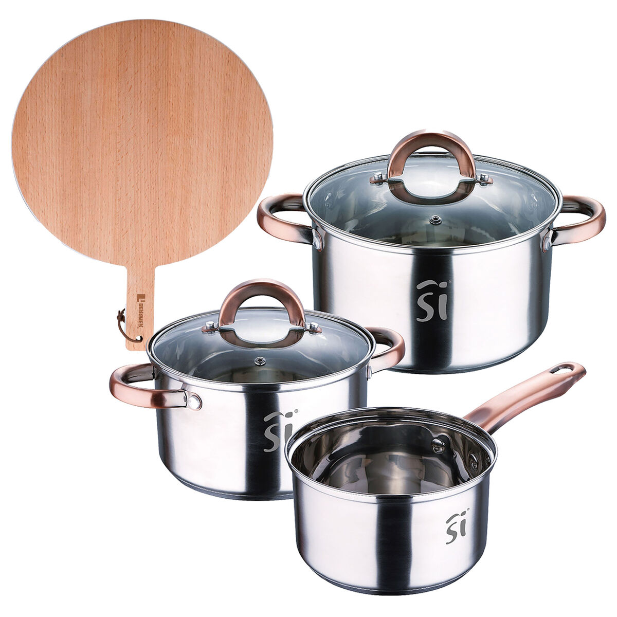 Bateria 5pc acero inoxidable ø16ø18ø20, aptas para inducción+ bergner naturally tabla de corte redonda de 38x28x1,5cm en madera de haya
