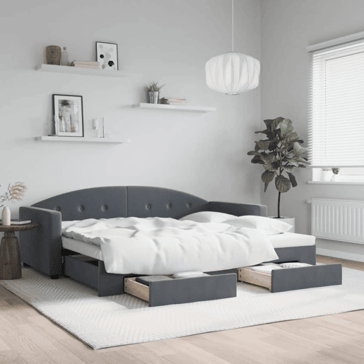 Sofá-cama, Sofá conversível c gavetão e gavetas 90x190 cm veludo cinzento-escuro
