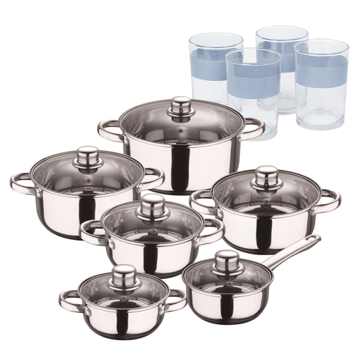 Conjunto de panelas San Ignacio de 12 peças em aço inoxidável com acabamento cromado, coleção Cassel + Conjunto de 4 copos de 0,5L, NOIA San Ignacio Conjunto de panelas San Ignacio de 12 peças em aço inoxidável com acabamento cromado, coleção Cassel + Conjunto de 4 copos de 0,5L, NOIA San Ignacio
