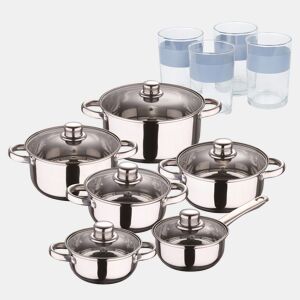Conjunto de panelas San Ignacio de 12 peças em aço inoxidável com acabamento cromado, coleção Cassel + Conjunto de 4 copos de 0,5L, NOIA San Ignacio
