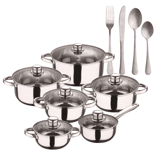 Conjunto de panelas San Ignacio de 12 peças em aço inoxidável com acabamento cromado, coleção Cassel + conjunto de talheres de 16 peças em aço inoxidável Conjunto de panelas San Ignacio de 12 peças em aço inoxidável com acabamento cromado, coleção Cassel + conjunto de talheres de 16 peças em aço inoxidável