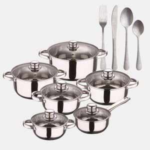 Conjunto de panelas San Ignacio de 12 peças em aço inoxidável com acabamento cromado, coleção Cassel + conjunto de talheres de 16 peças em aço inoxidável