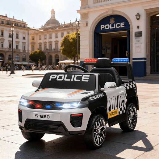 AIYAPLAY Carro Elétrico para Crianças de Polícia Carro a Bateria 12V com Motor Duplo Controlo Remoto 2,4 G Suspensão em 4 Rodas Sirene Faróis LED Porta USB Bluetooth e Música Branco