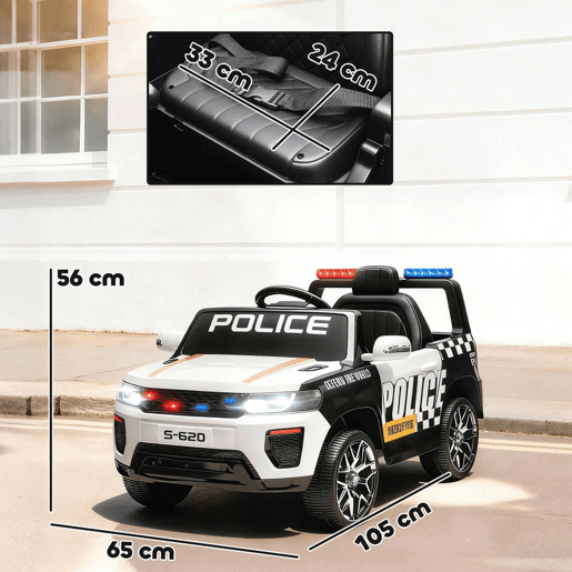 AIYAPLAY Carro Elétrico para Crianças de Polícia Carro a Bateria 12V com Motor Duplo Controlo Remoto 2,4 G Suspensão em 4 Rodas Sirene Faróis LED Porta USB Bluetooth e Música Branco