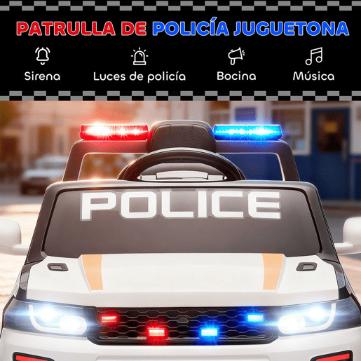 AIYAPLAY Carro Elétrico para Crianças de Polícia Carro a Bateria 12V com Motor Duplo Controlo Remoto 2,4 G Suspensão em 4 Rodas Sirene Faróis LED Porta USB Bluetooth e Música Branco